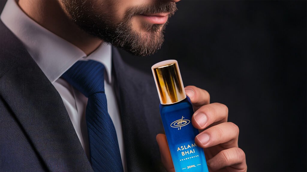 handsome man suit using perfume dark background